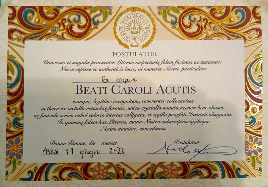 carlo acutis certyfikat autentycznosci